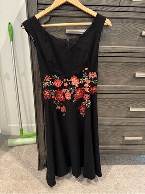 Karen Millen Black Midi Dress with Red & Pink Floral Embroidery